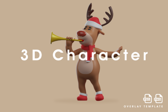 3D Christmas Deer Playing Trumpet Illustration