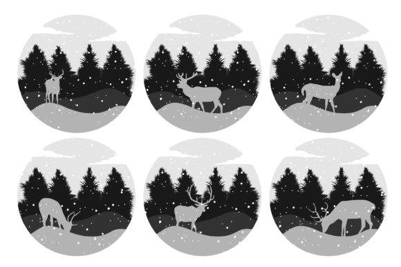 Christmas Deer with Pine Trees Illustrations