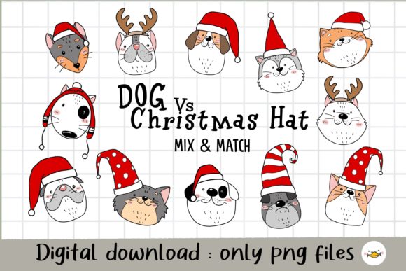 Christmas Hat and Dog Face Clipart Illustrations