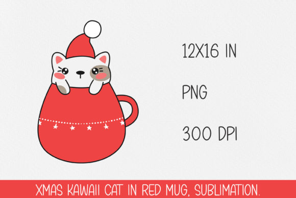 Christmas Kawaii Cat in Red Mug Illustrations