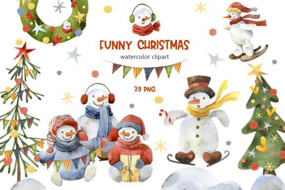 Funny Snowmen Christmas Clipart Illustrations