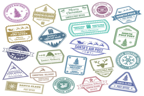 Merry Christmas Mail Stamps Illustrations